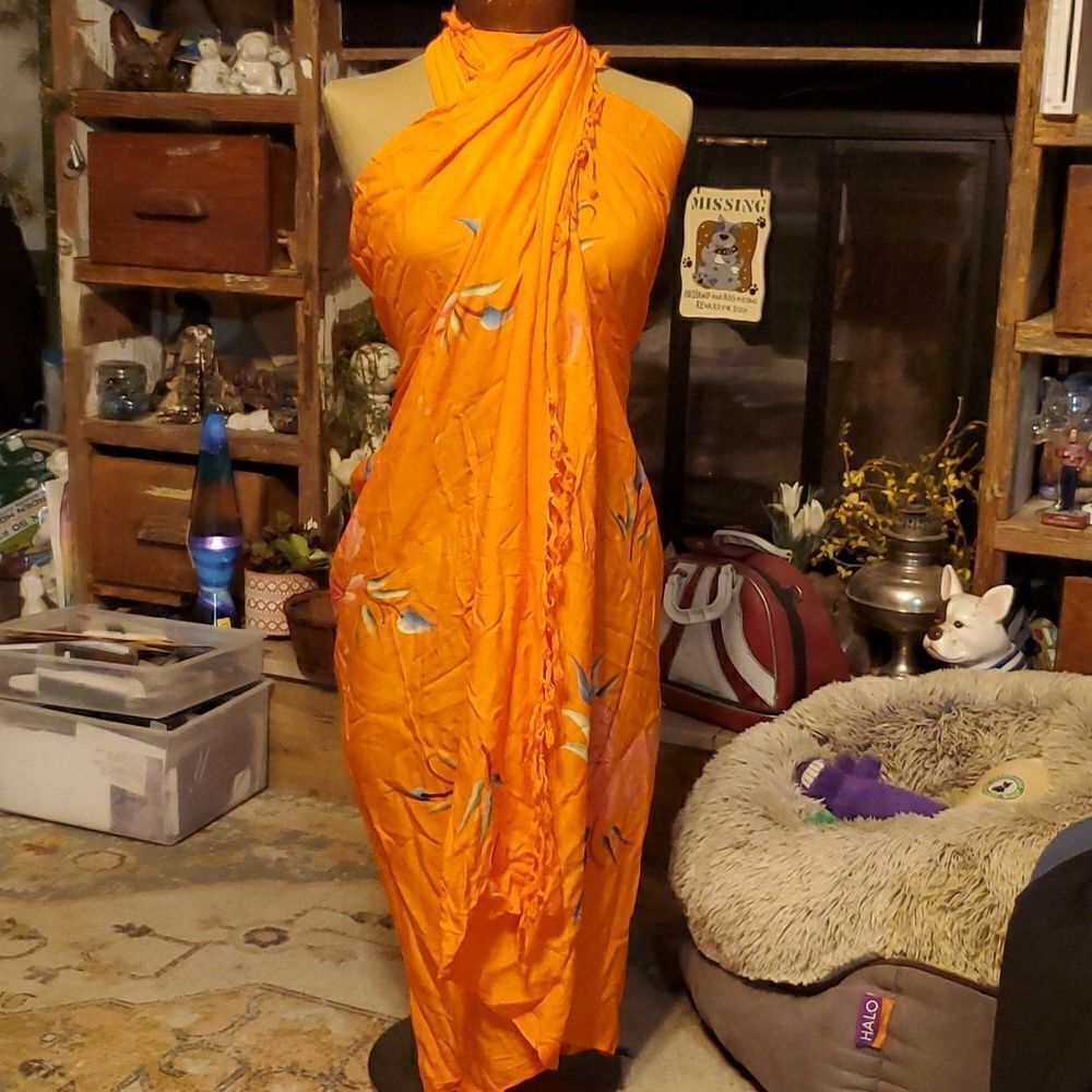 Sarong - Hibiscus Tiare Bouquet - Hand Painted on orange